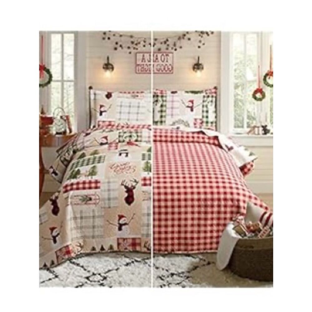 Queen Christmas Comforter Set Red Plaid Holiday Bedding Reversible Farmhouse